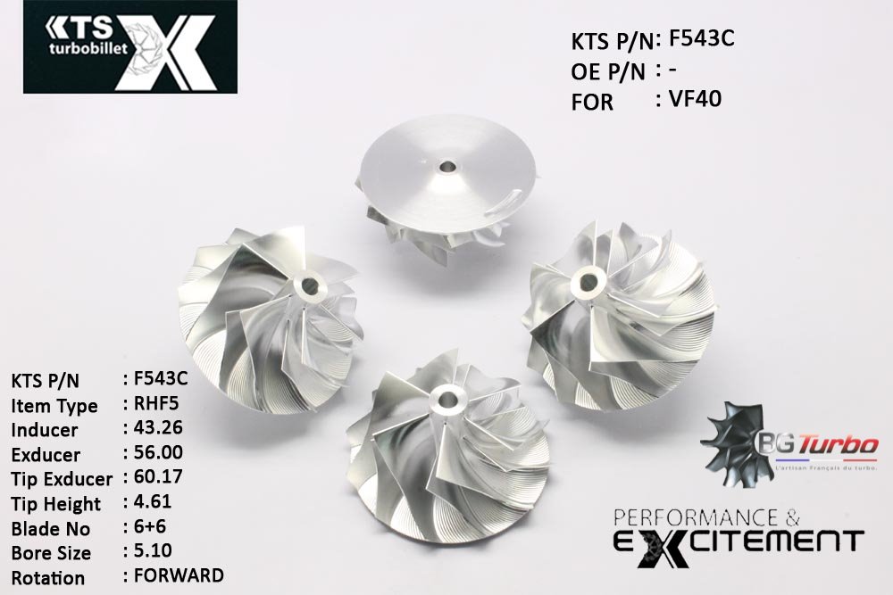 Turbo ROUE FORGÉE MFS PERFORMANCE - 6+6 PALES - INDUCER : 43,26 - EXDUCER : 56 - TYPE : RHF5HANGLE : 65° - ROTATION : Forward - SUPER BACK : 1,5 - BORE SIZE : 5,1
